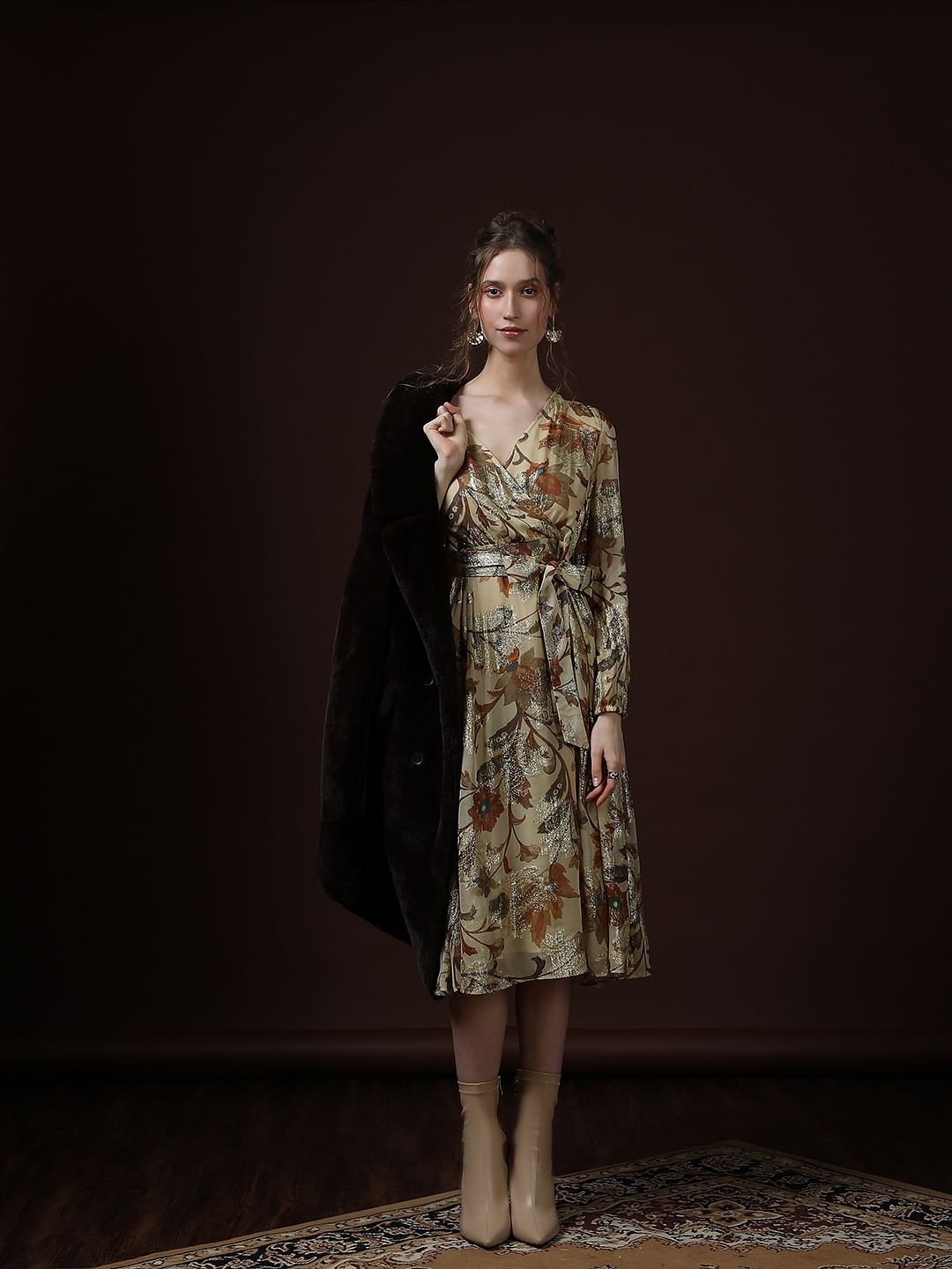 Ecru Floral Print Midi Dress