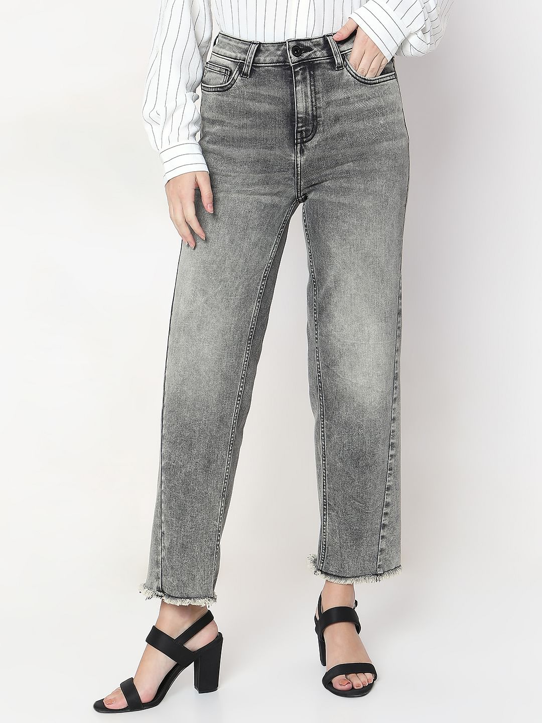 Grey Wide Leg High Rise Jeans
