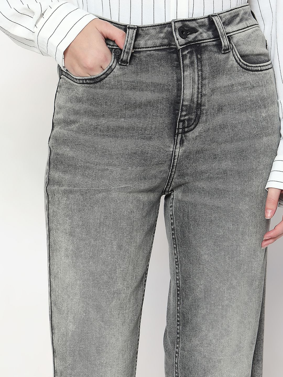 Grey Wide Leg High Rise Jeans