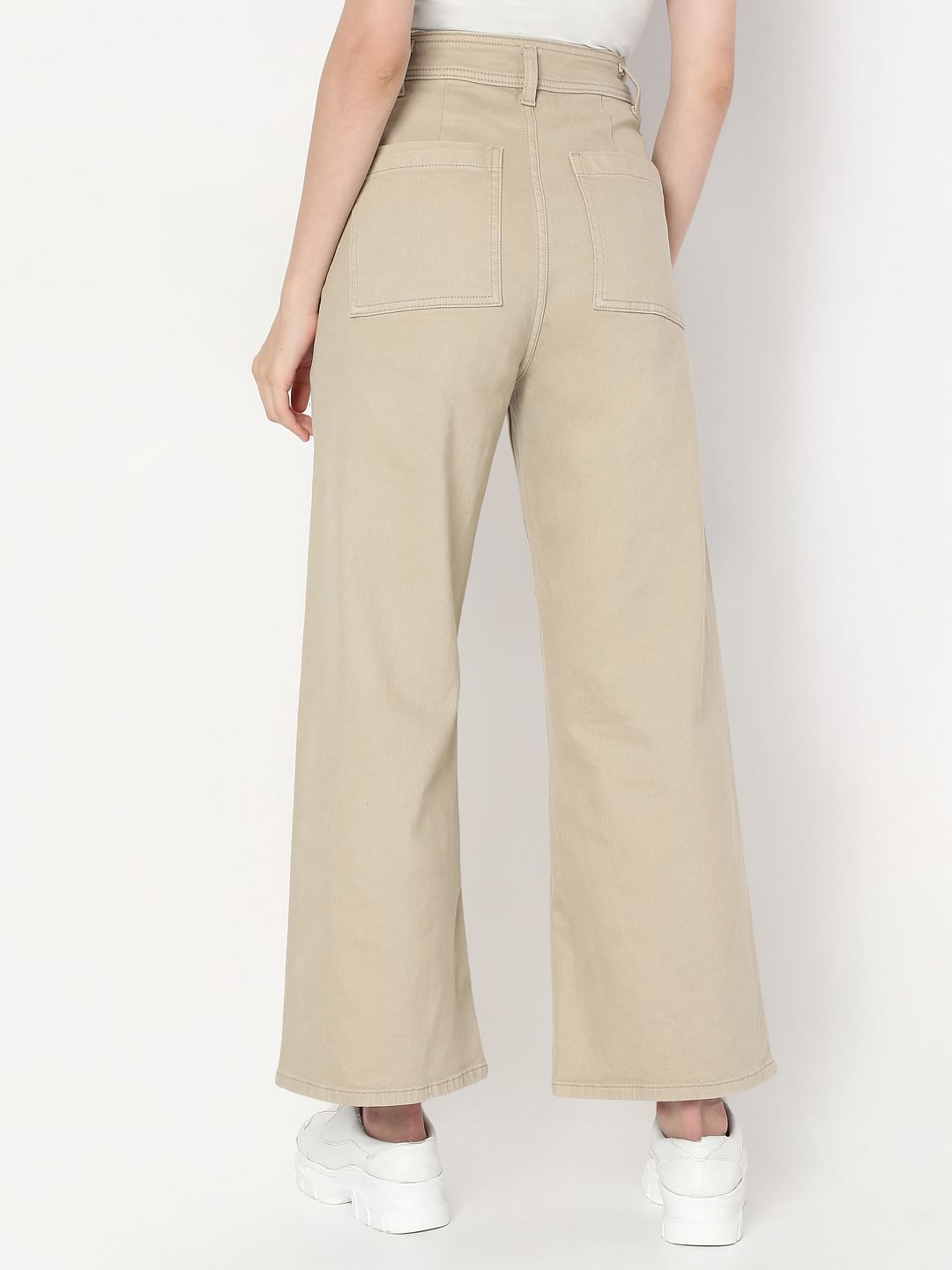 Beige Wide Leg High Rise Jeans