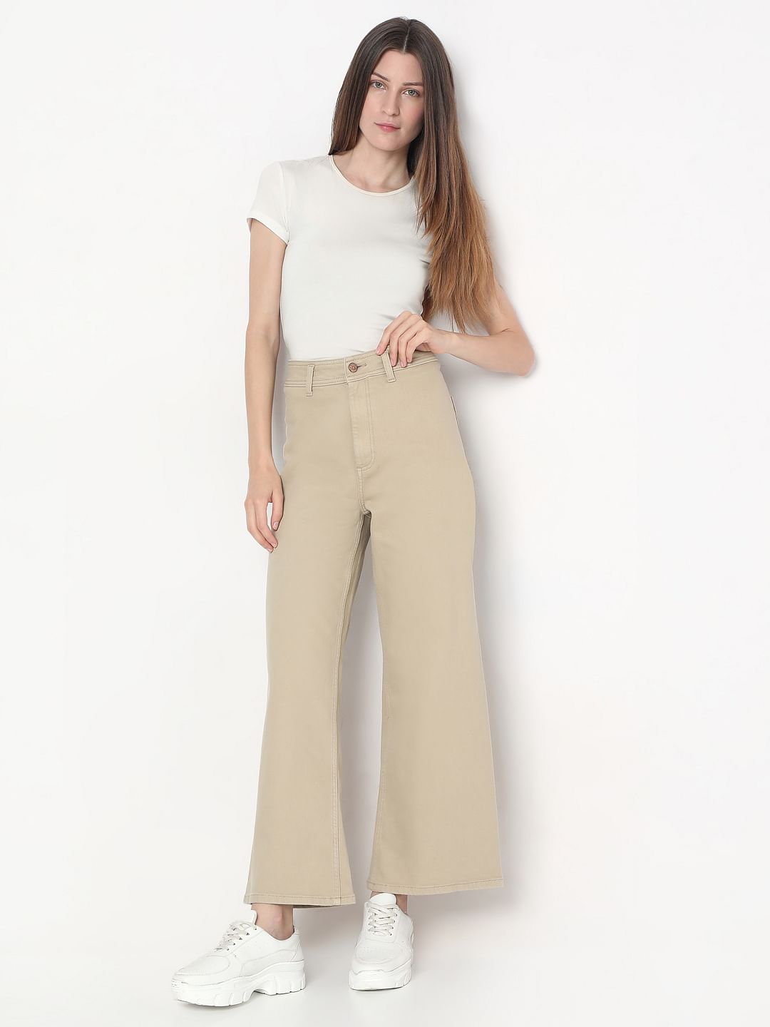 Beige Wide Leg High Rise Jeans