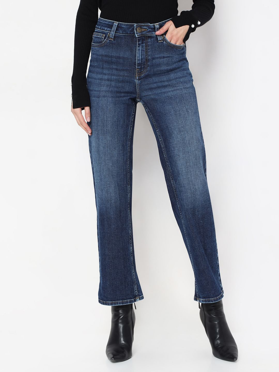 Dark Blue Mid Rise Wide Leg Jeans