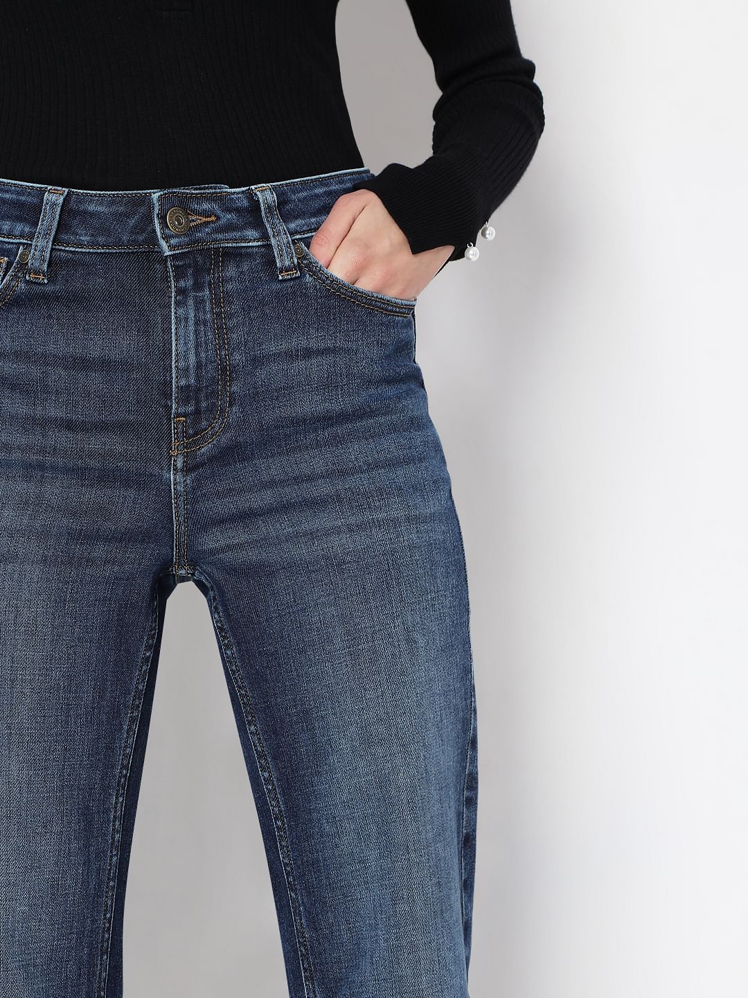 Dark Blue Mid Rise Wide Leg Jeans