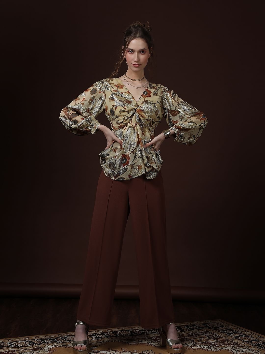 Ecru Floral Print Knot Detail Top