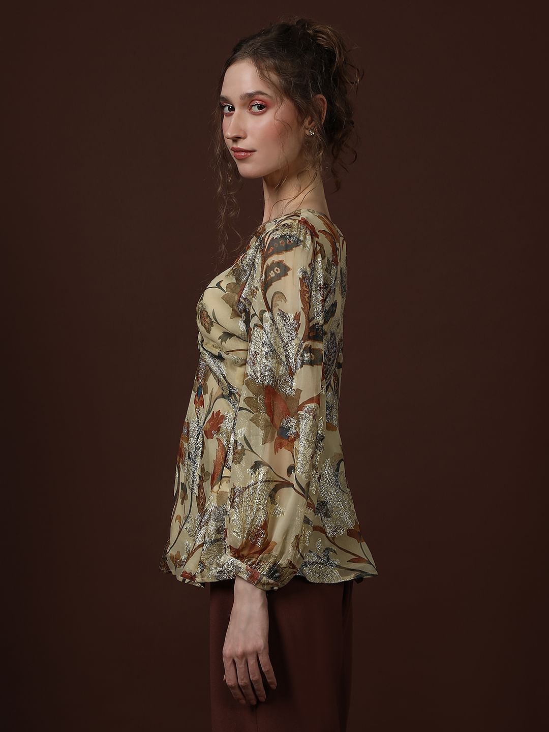 Ecru Floral Print Knot Detail Top