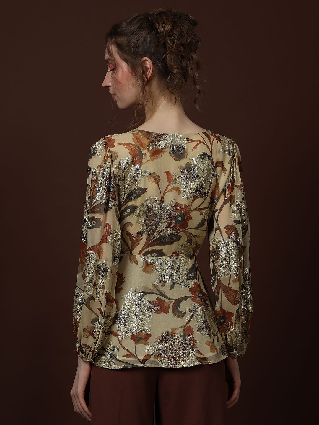 Ecru Floral Print Knot Detail Top