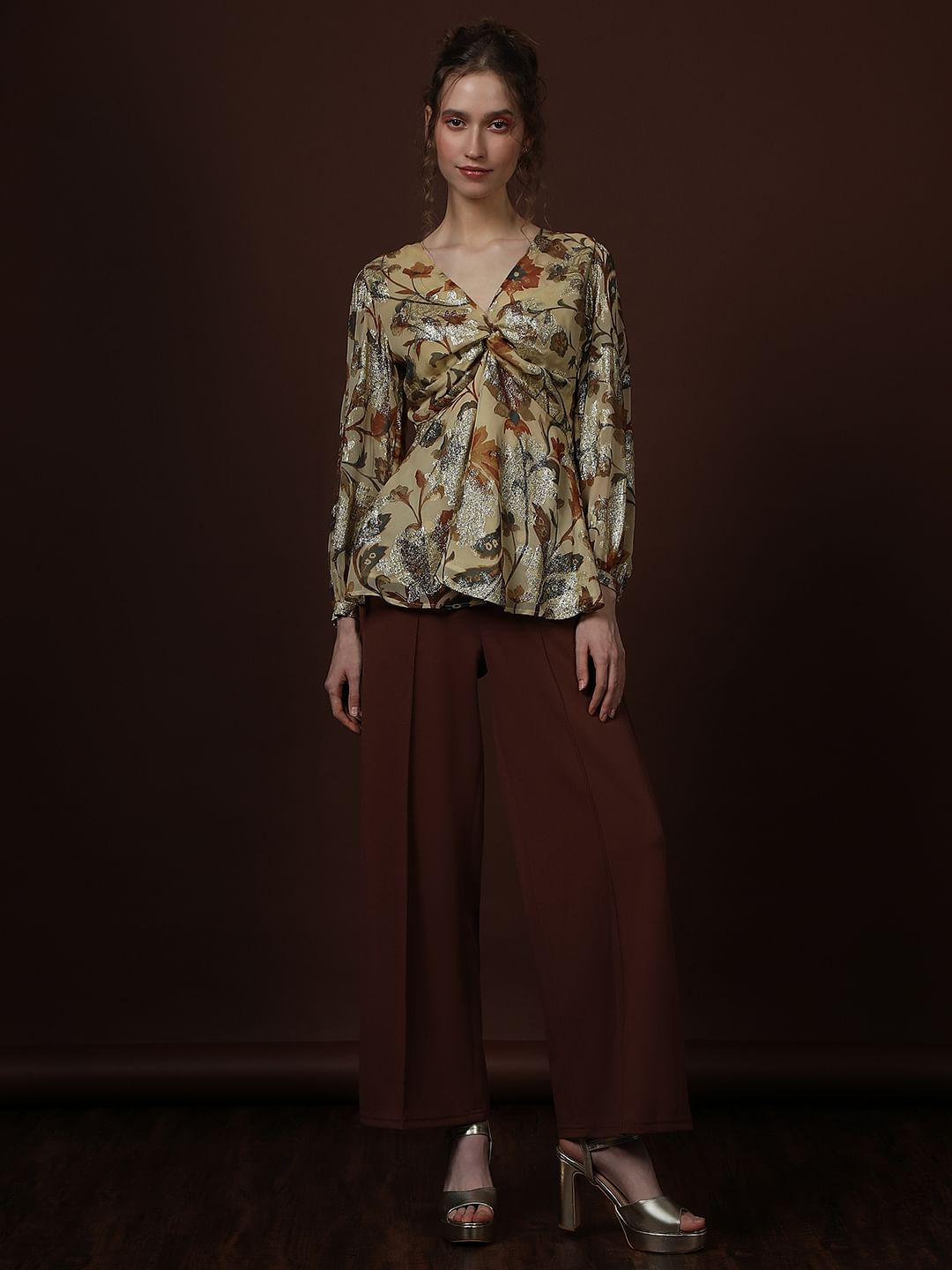 Ecru Floral Print Knot Detail Top