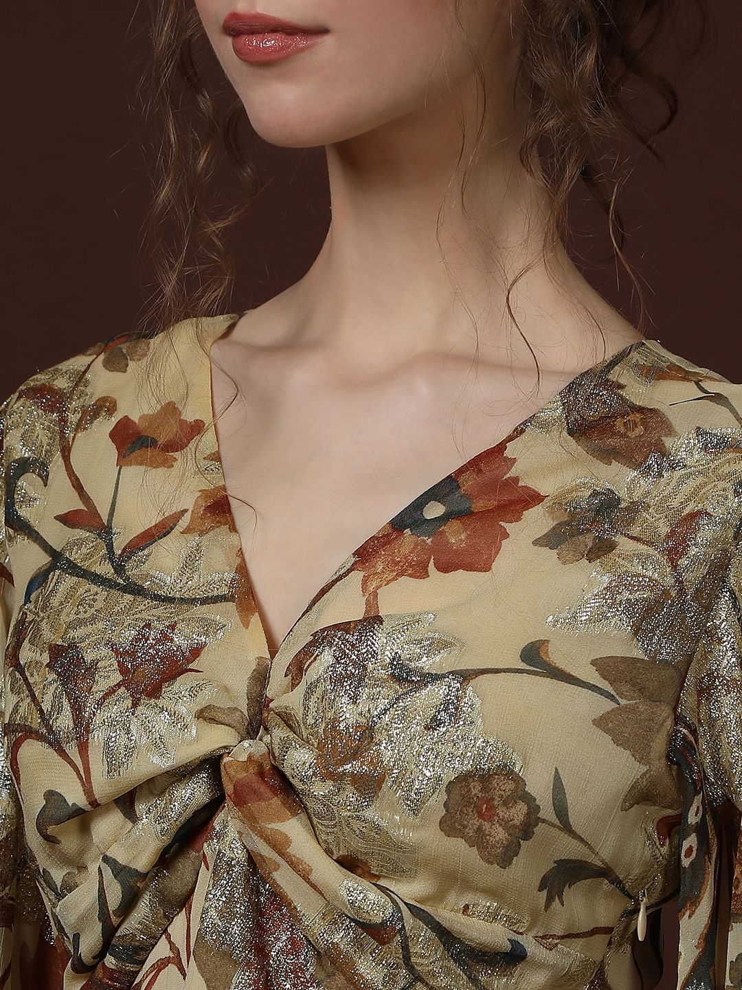 Ecru Floral Print Knot Detail Top