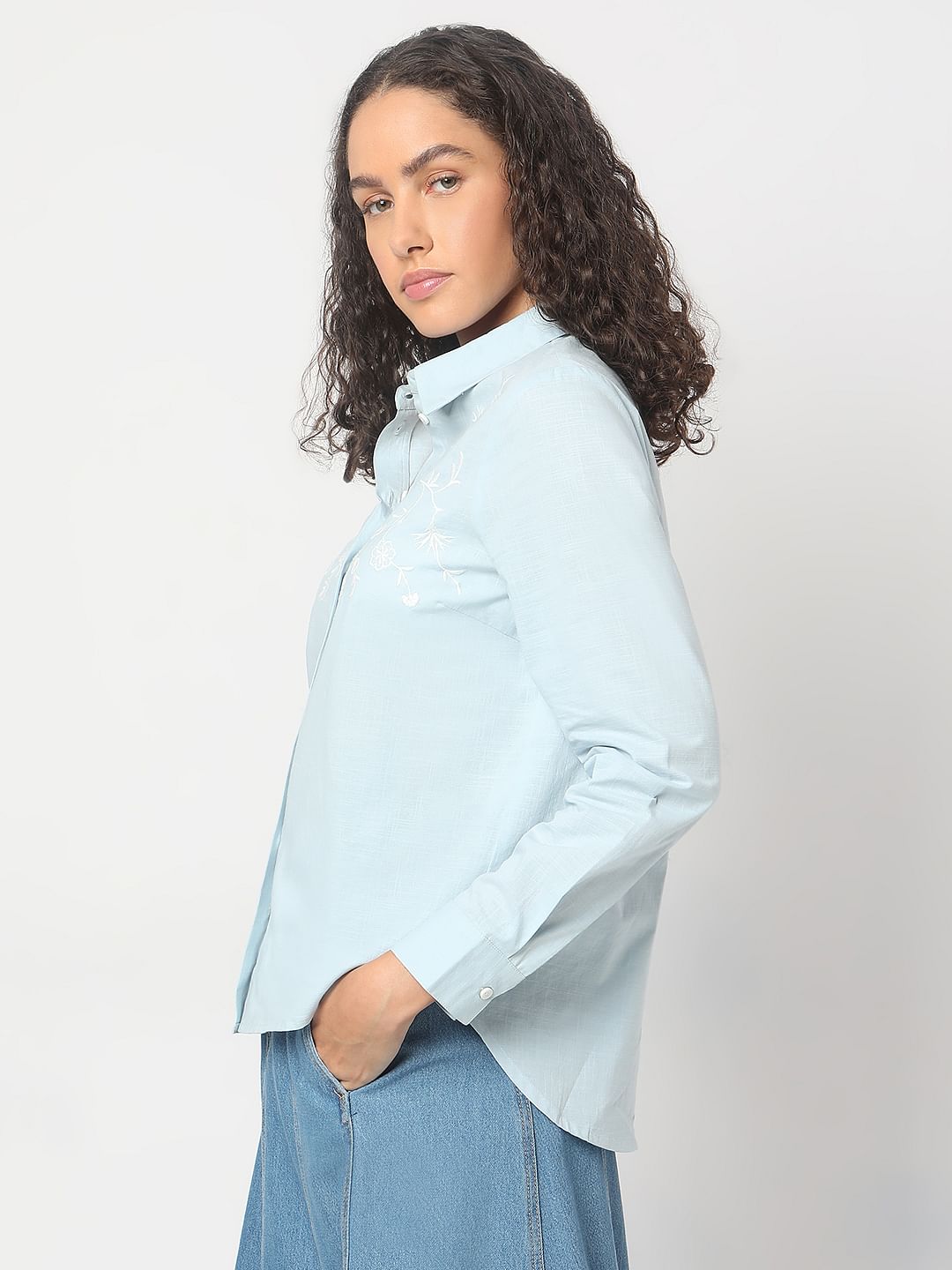 Light Blue Embroidered Cotton Shirt