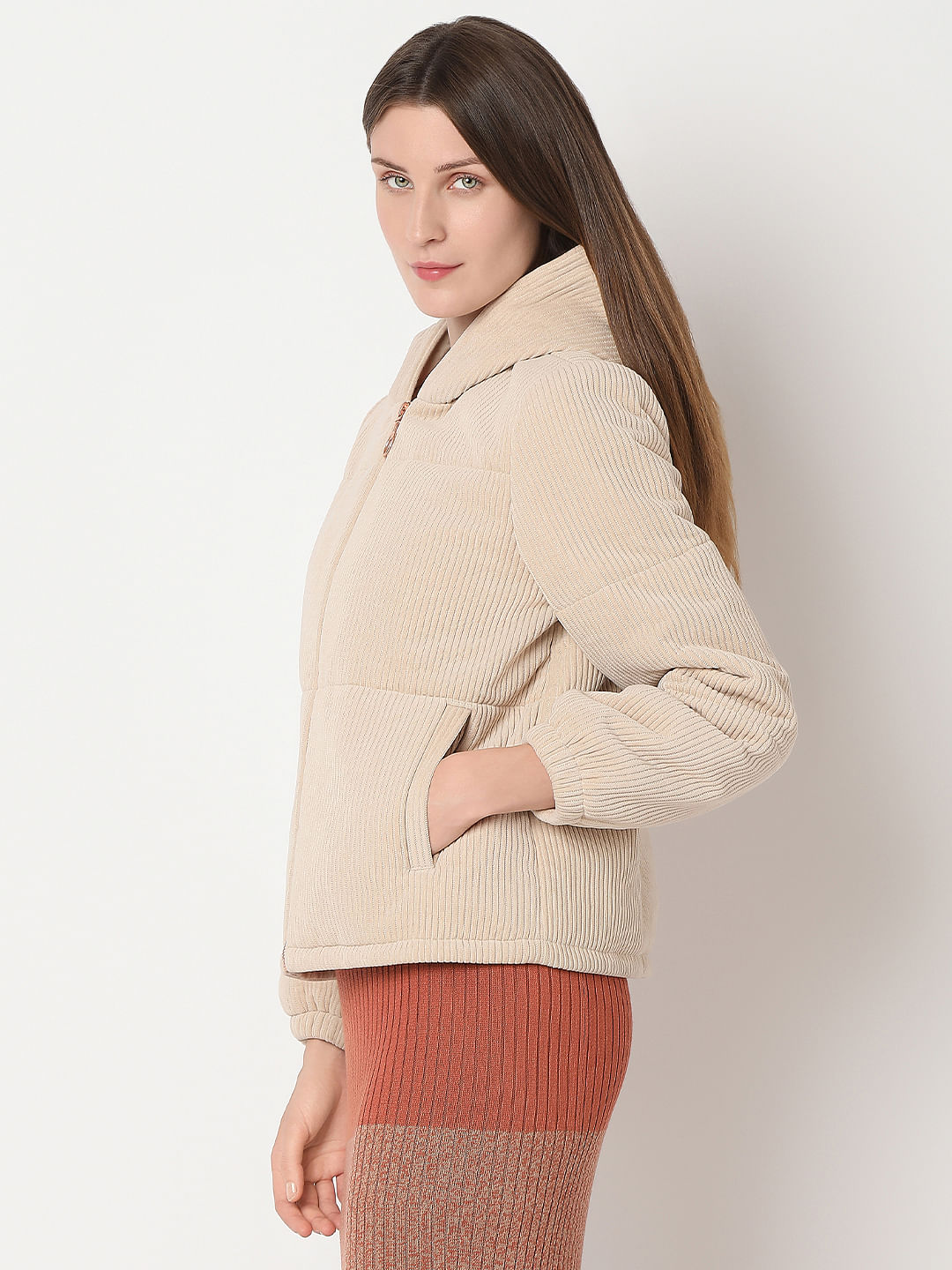 Beige Corduroy Hooded Jacket