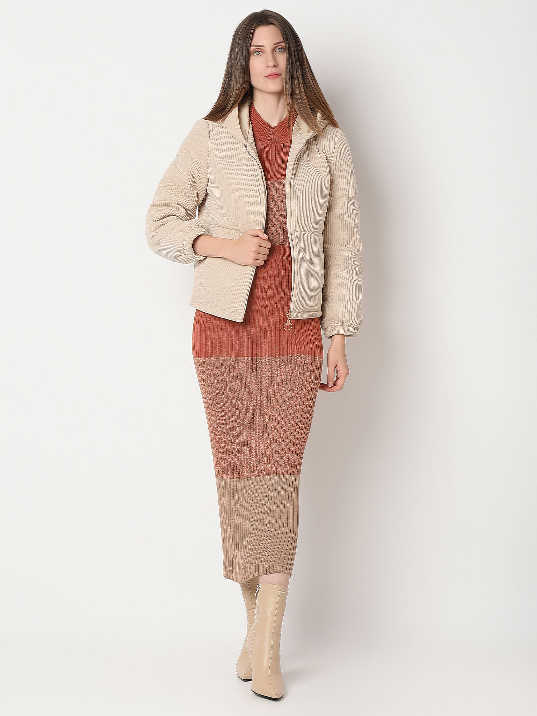 Beige Corduroy Hooded Jacket