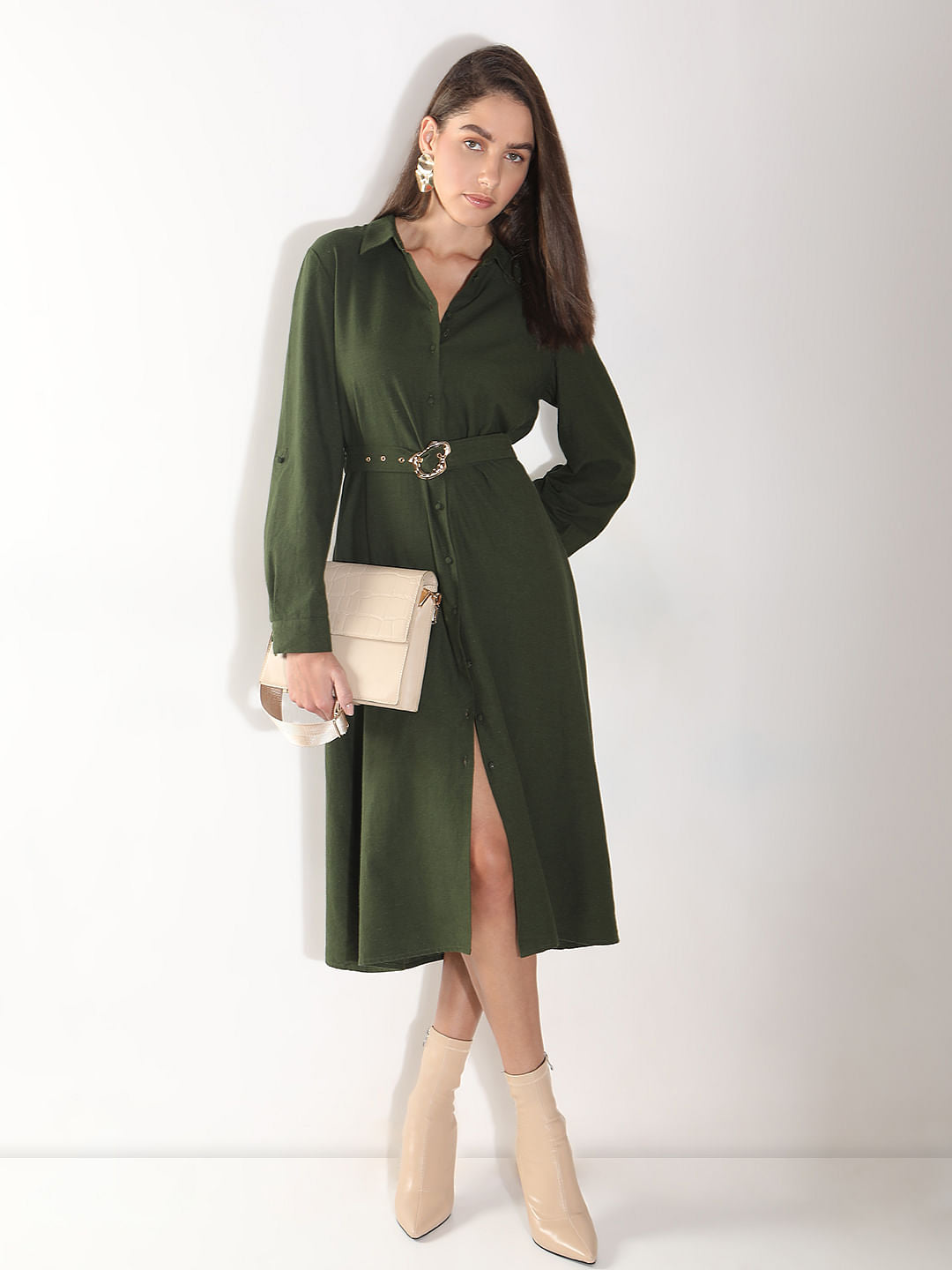 Olive Midi Shirt Dress