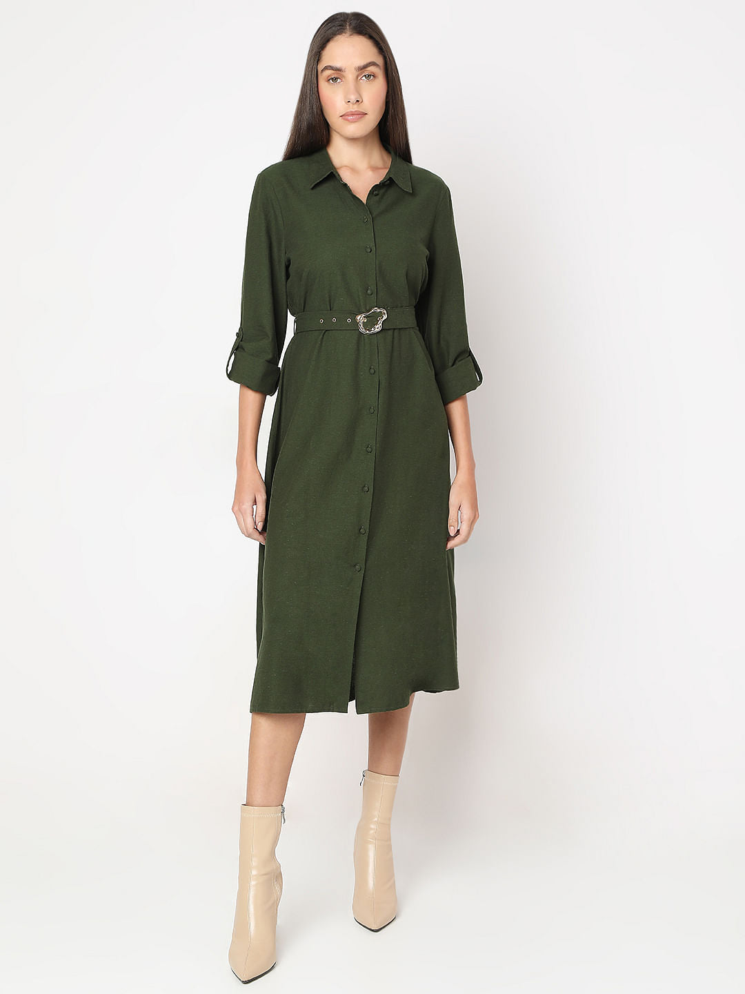 Olive Midi Shirt Dress