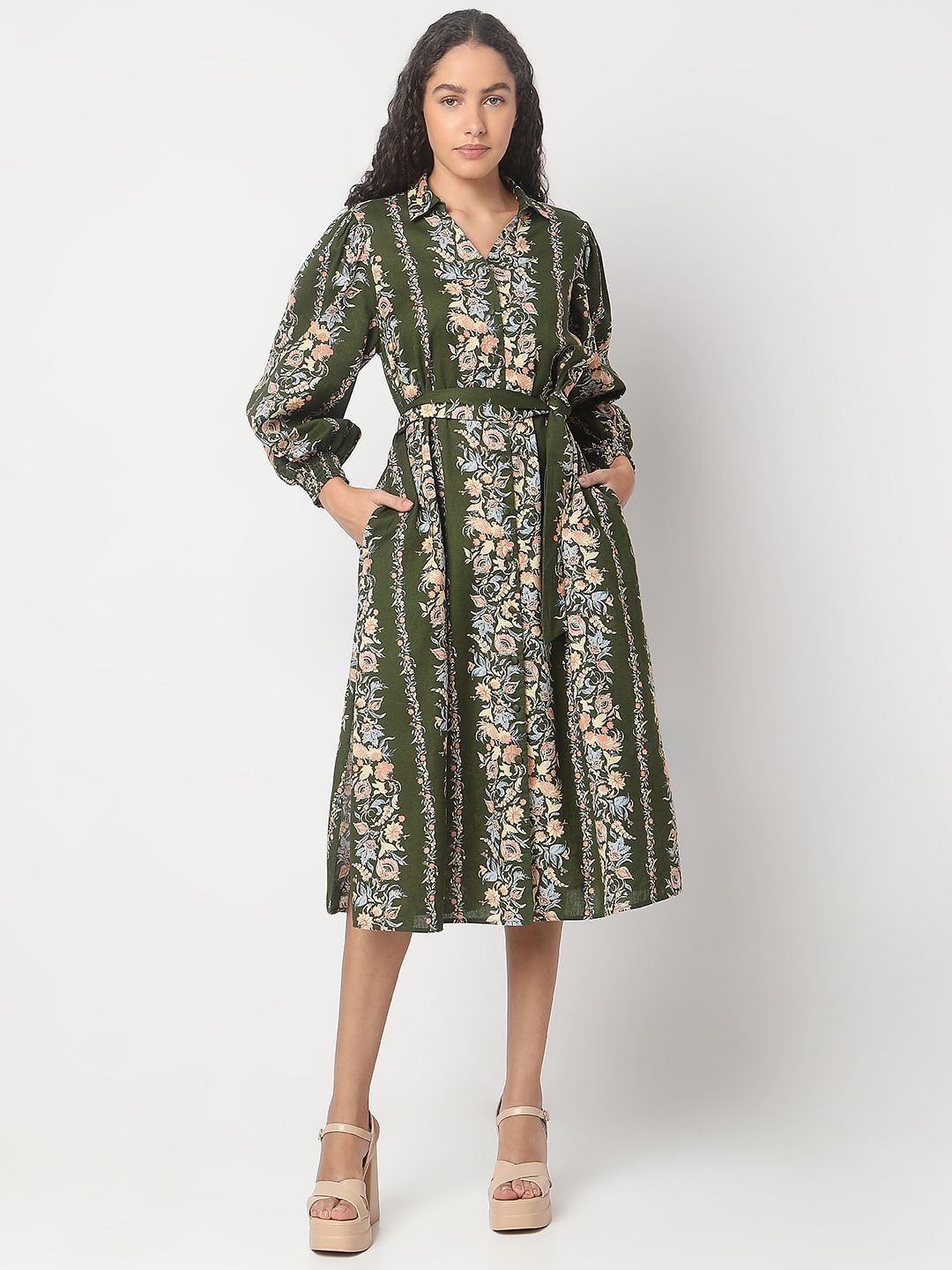 Olive Green Floral Print Dress
