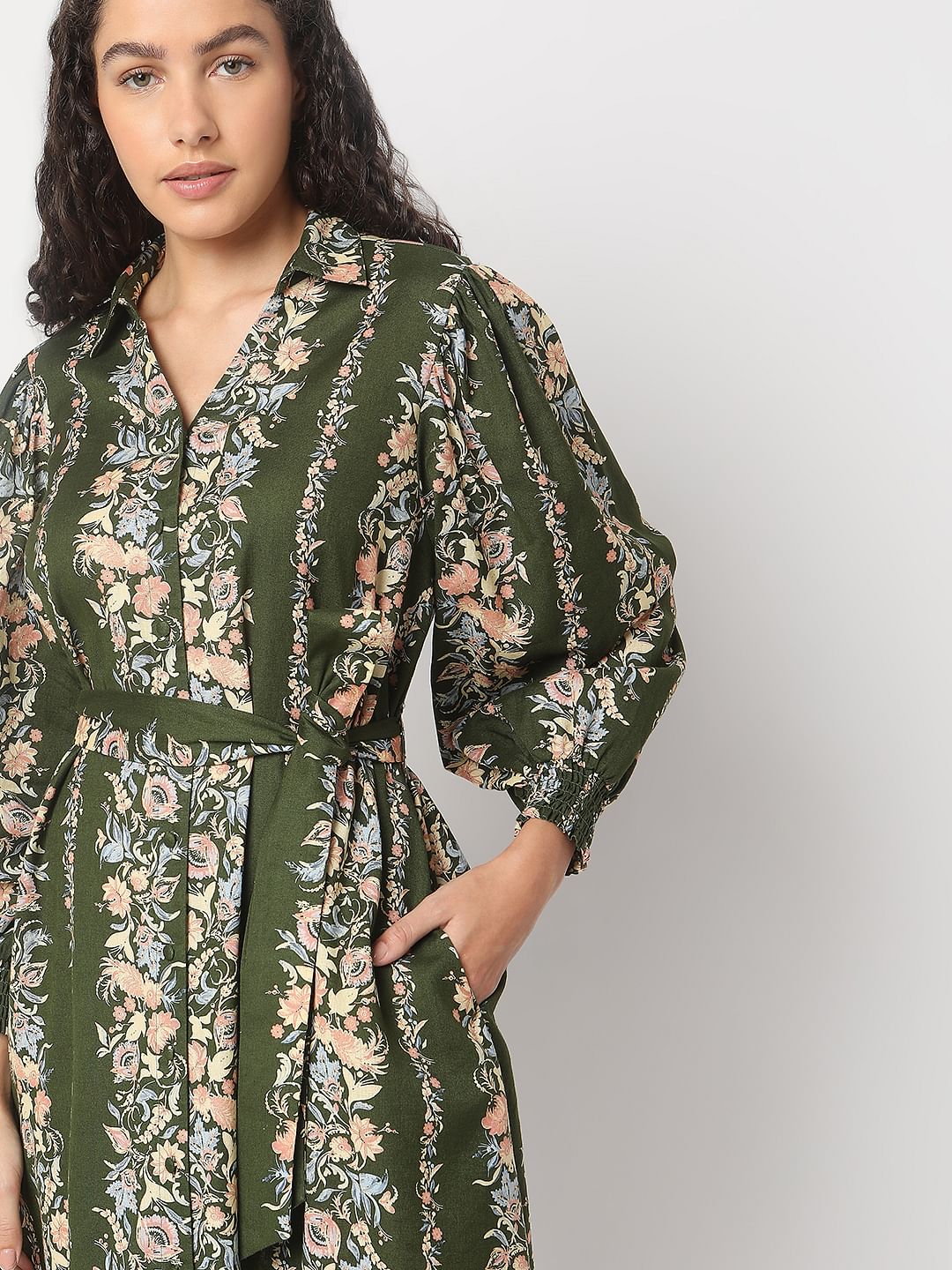 Olive Green Floral Print Dress