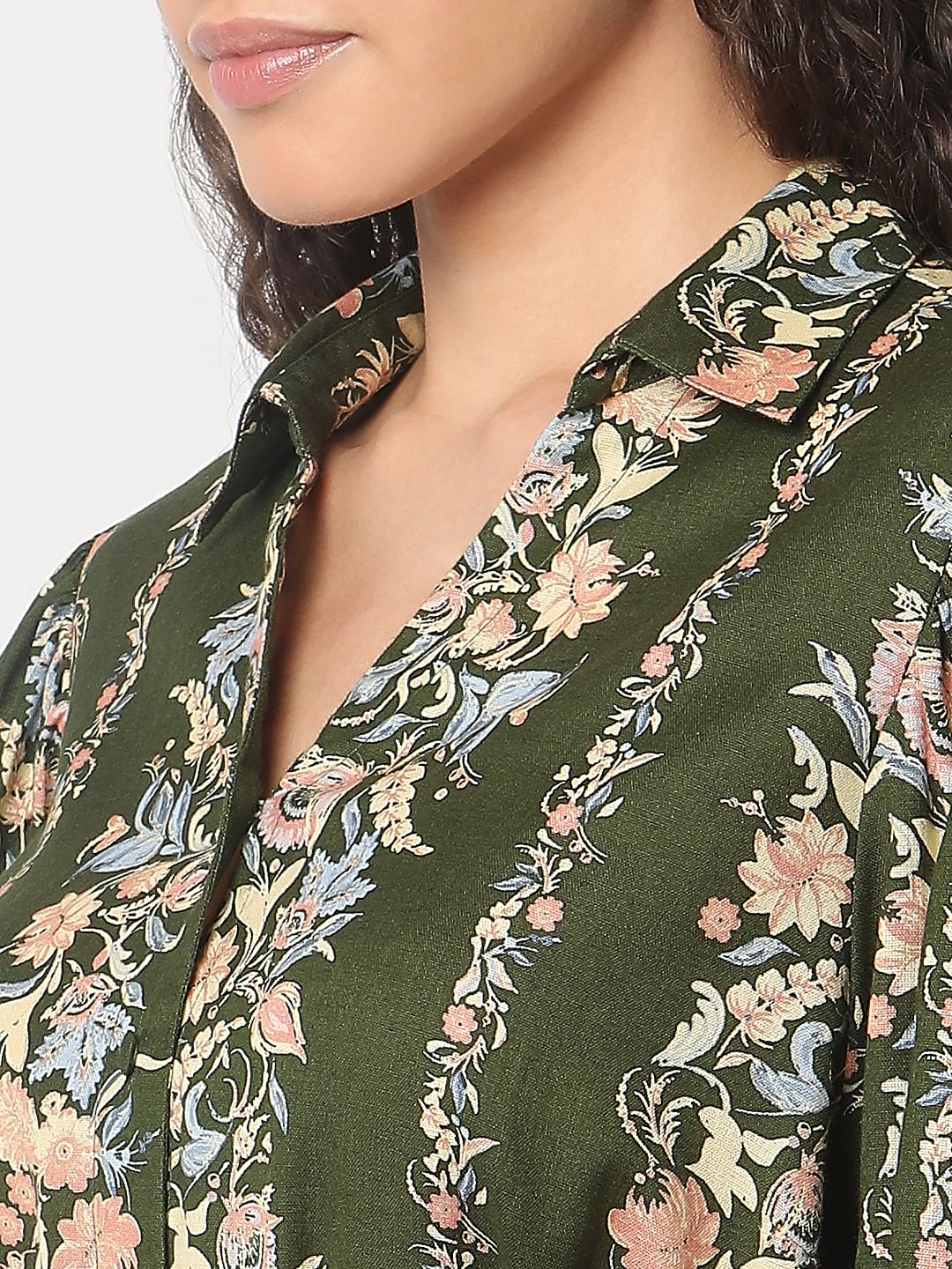 Olive Green Floral Print Dress