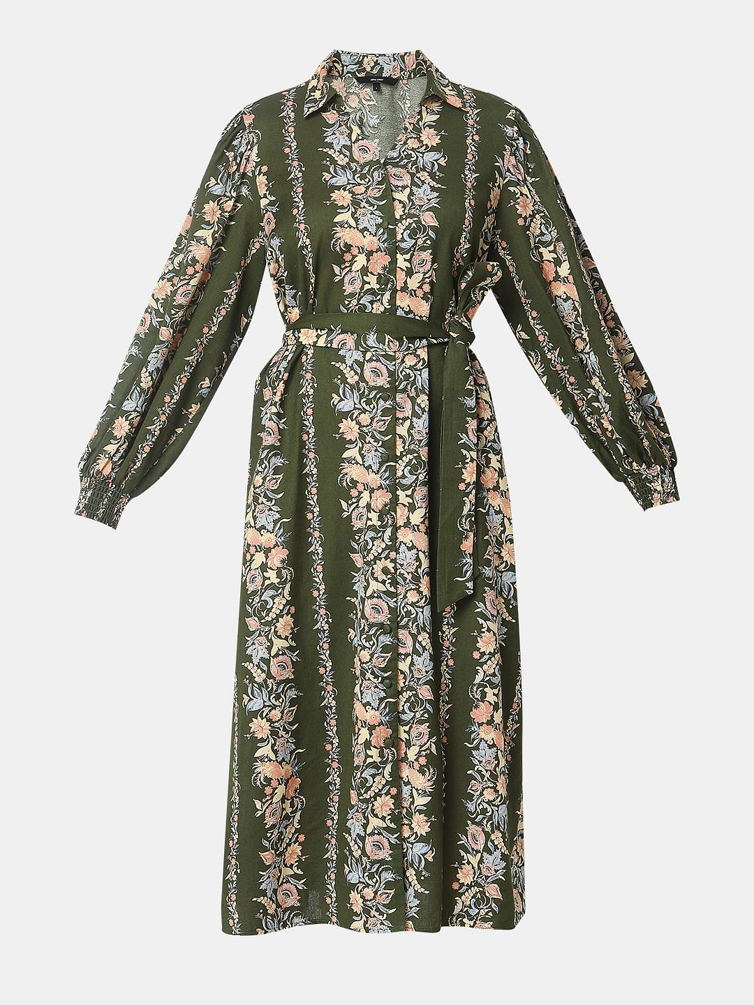 Olive Green Floral Print Dress