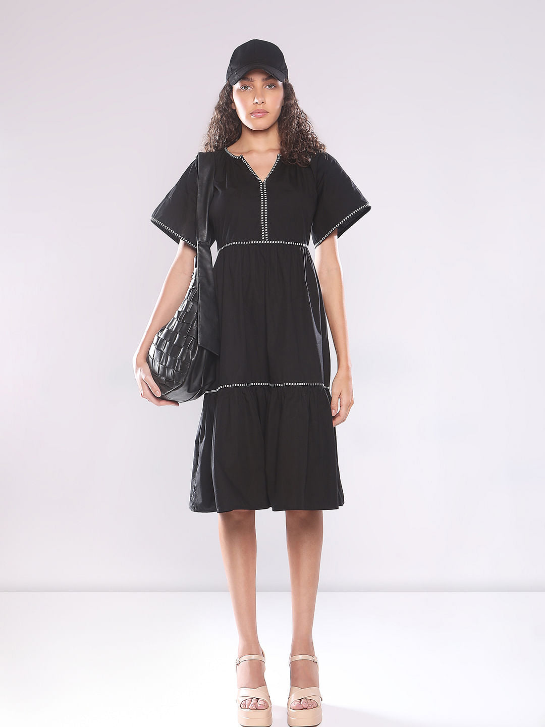 Black Dotted Detail Midi Dress