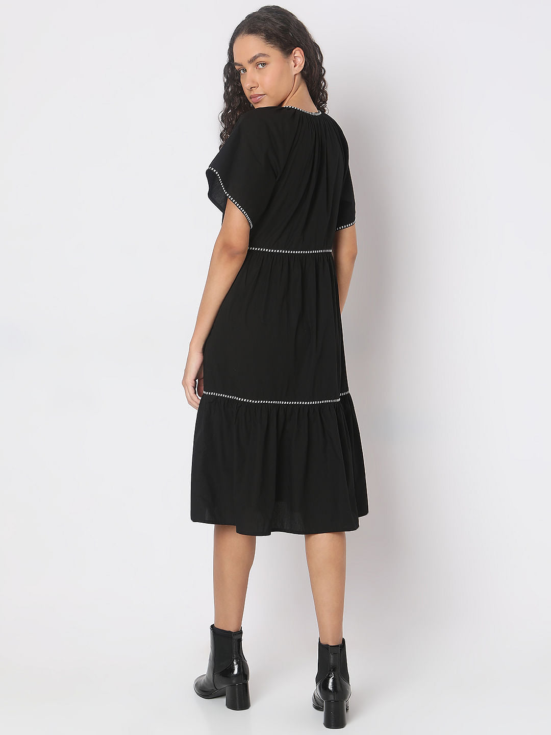 Black Dotted Detail Midi Dress