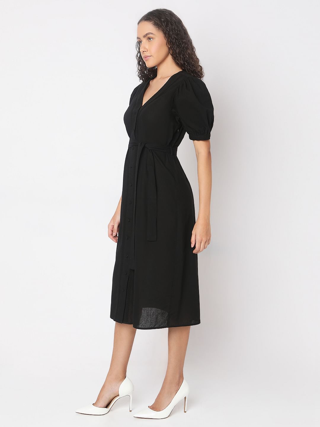 Black V-Neck Midi Dress