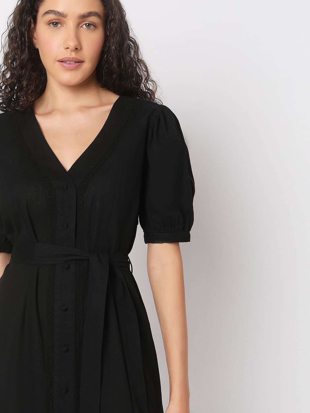 Black V-Neck Midi Dress
