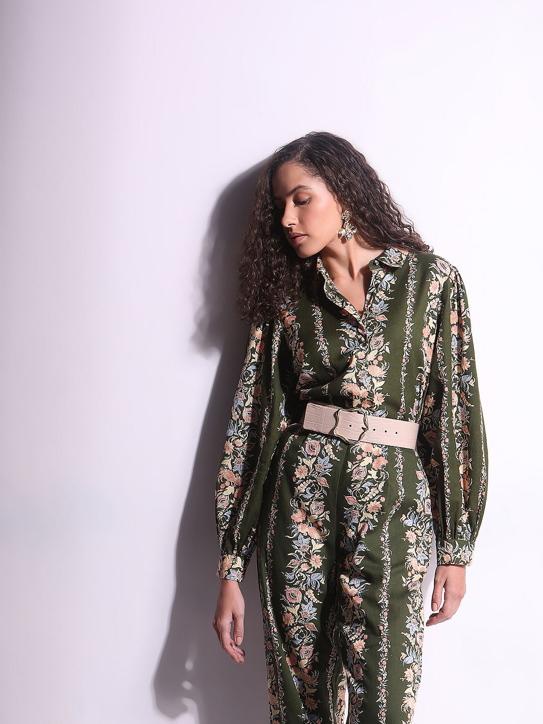 Olive Green Floral Co-Ord Set Shirt