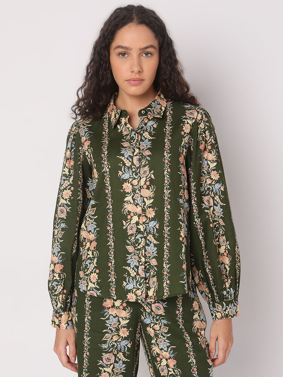 Olive Green Floral Co-Ord Set Shirt