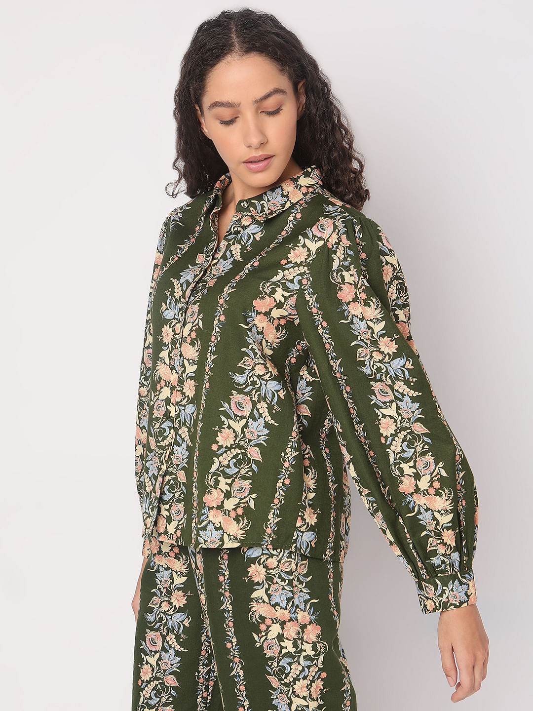 Olive Green Floral Co-Ord Set Shirt