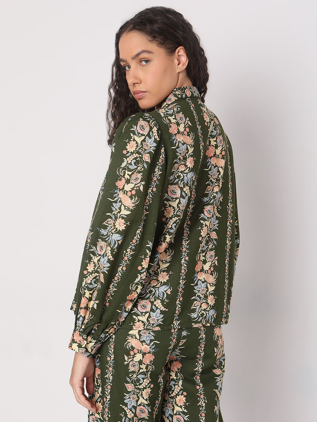 Olive Green Floral Co-Ord Set Shirt