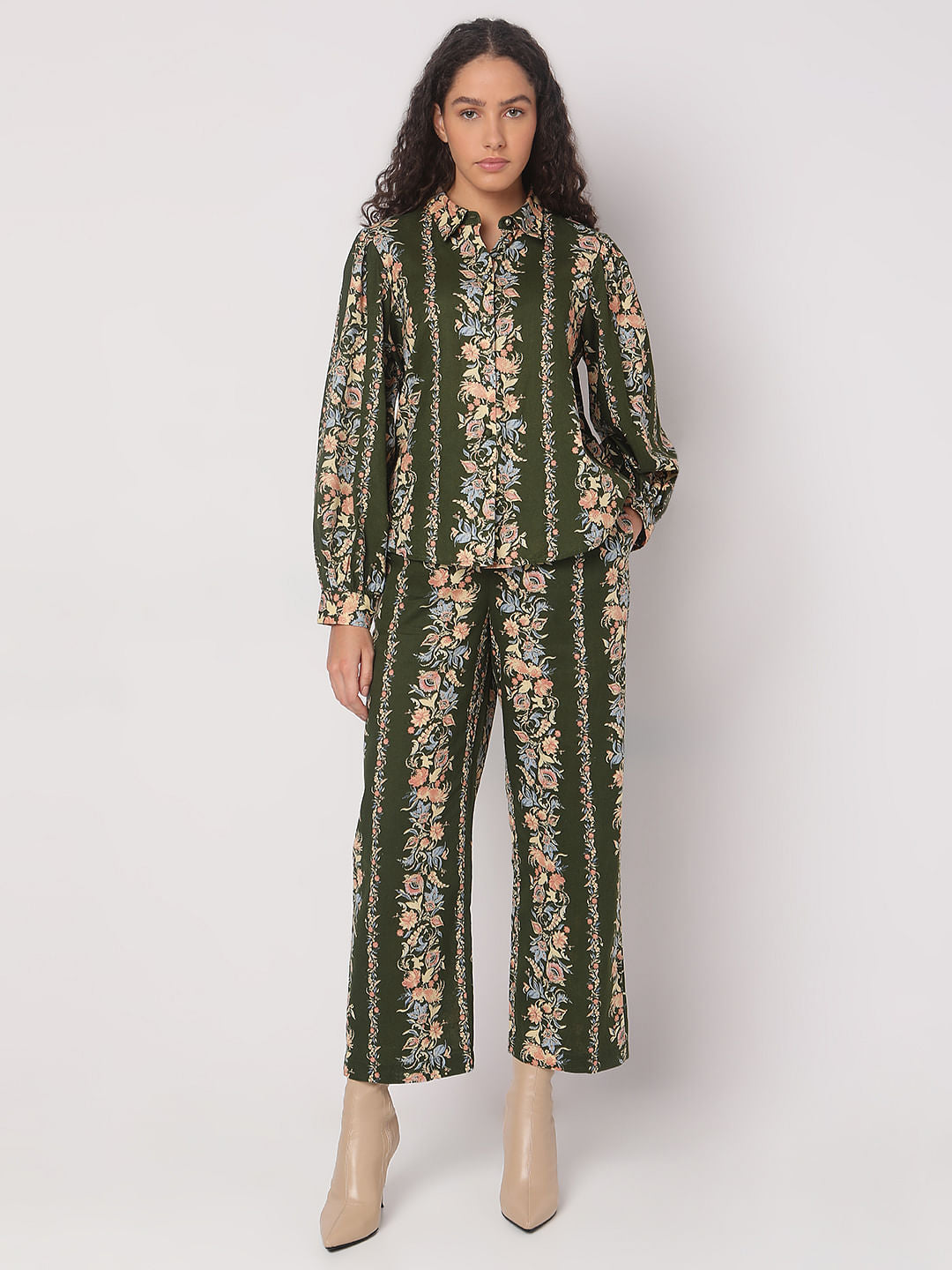 Olive Green Floral Co-Ord Set Shirt