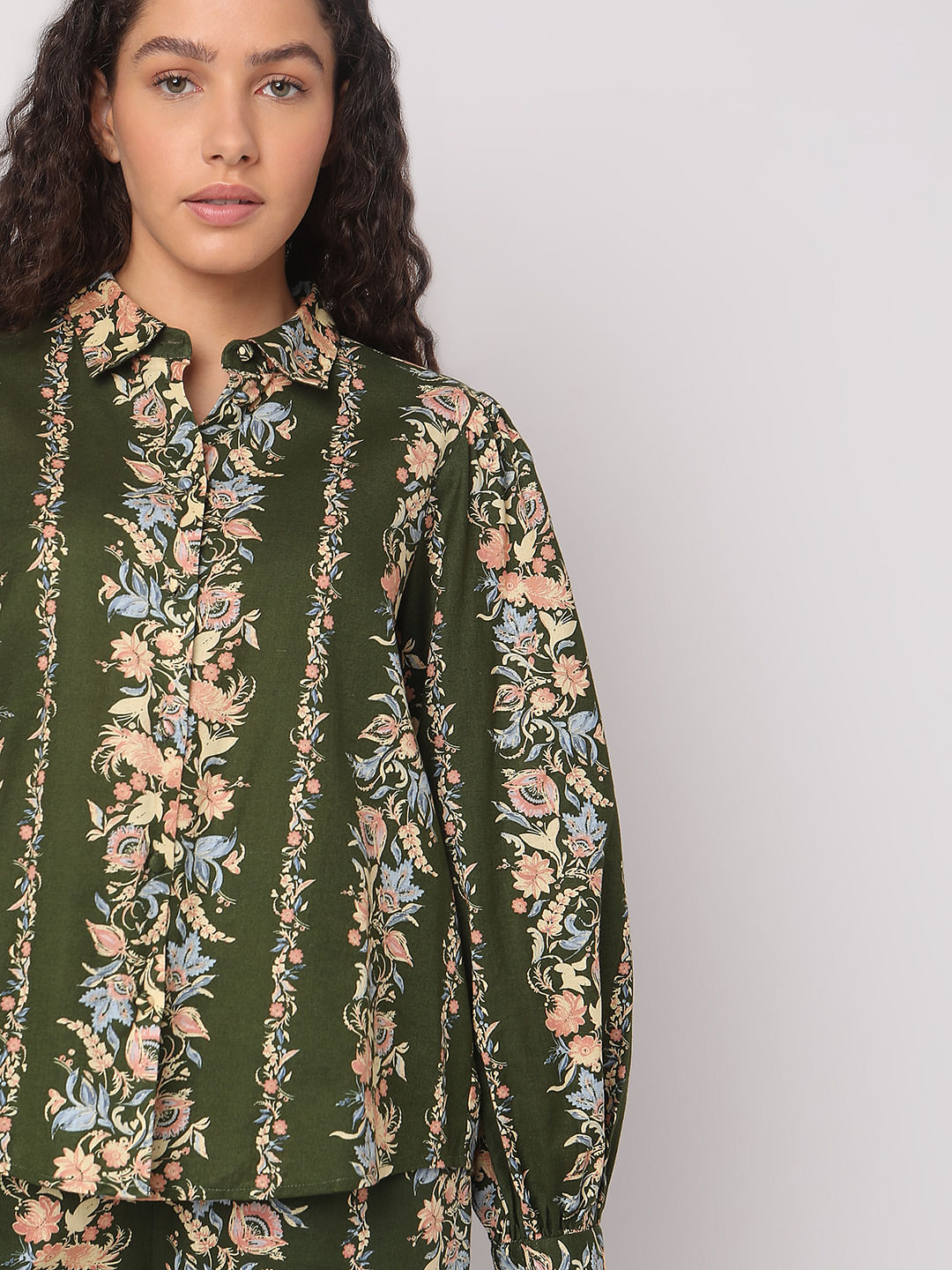 Olive Green Floral Co-Ord Set Shirt