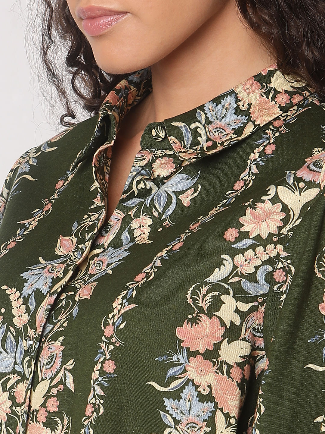 Olive Green Floral Co-Ord Set Shirt