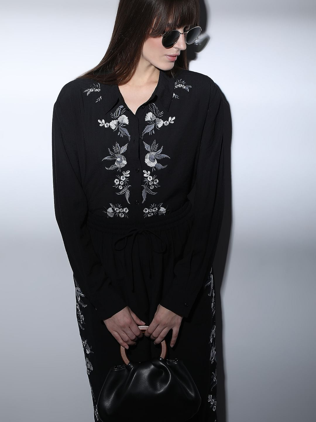 Black Embroidered Co-Ord Set Shirt