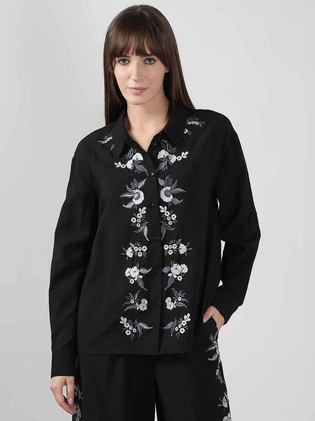 Black Embroidered Co-Ord Set Shirt
