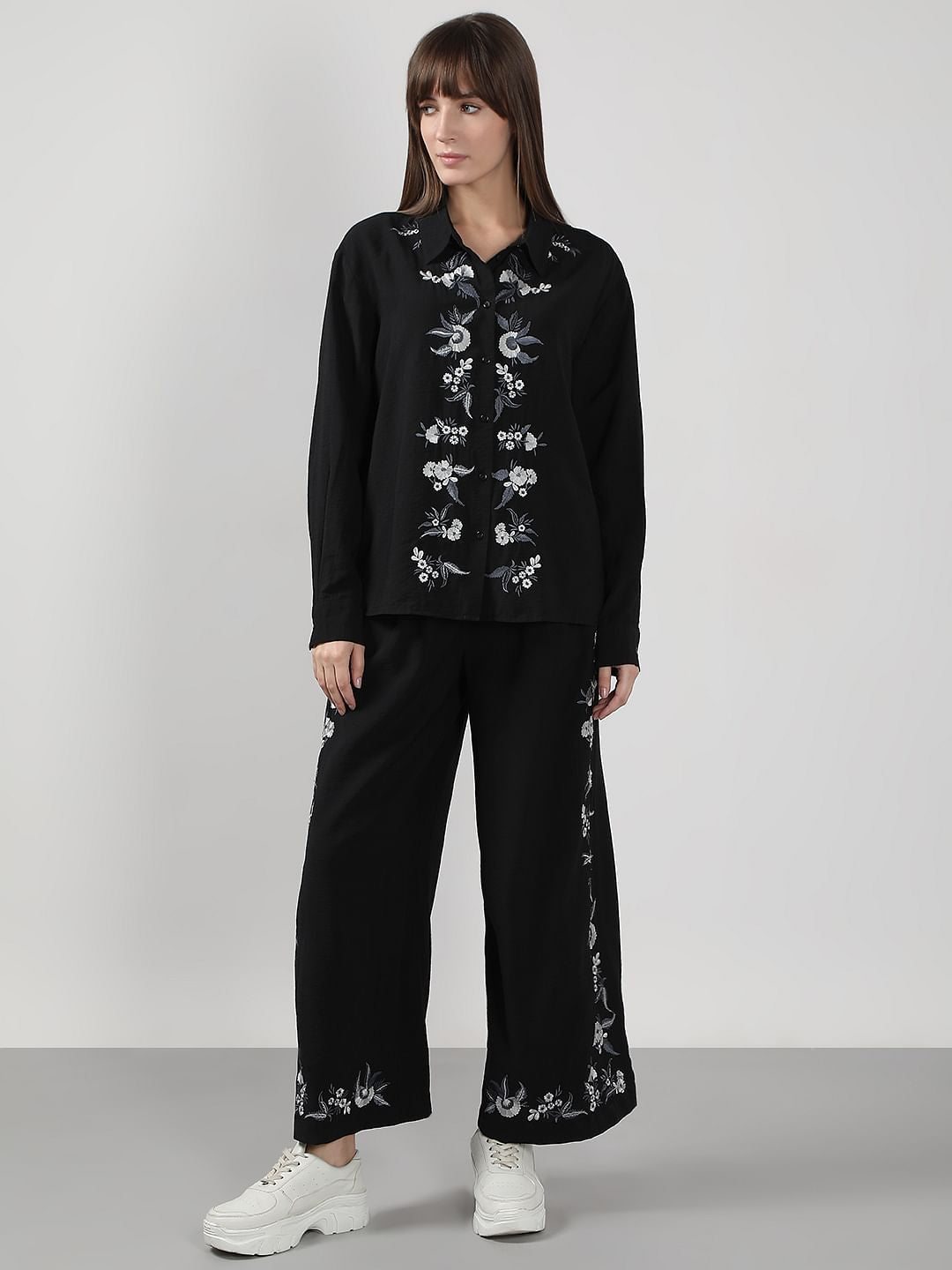 Black Embroidered Co-Ord Set Shirt