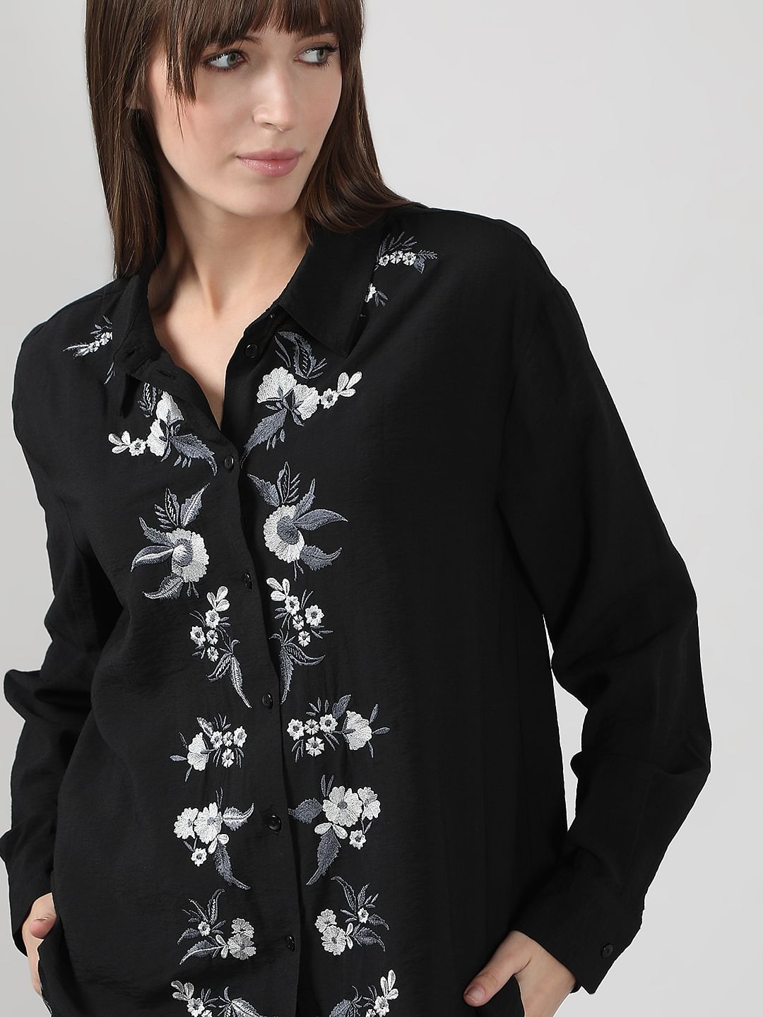 Black Embroidered Co-Ord Set Shirt