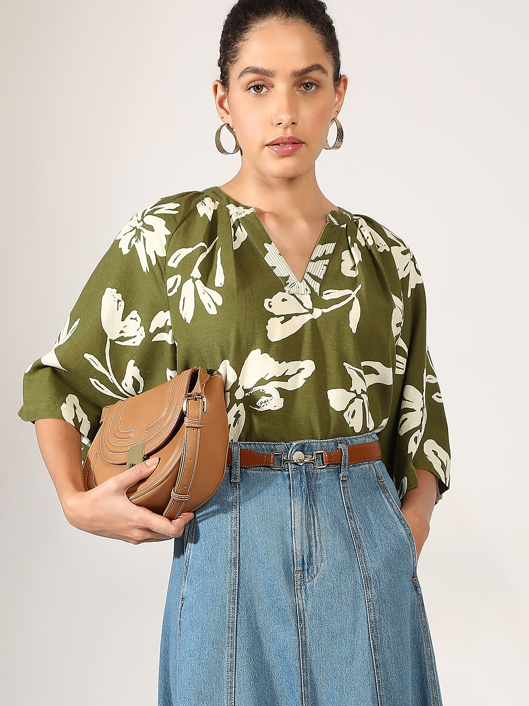 Green Floral Relaxed Sleeves Top
