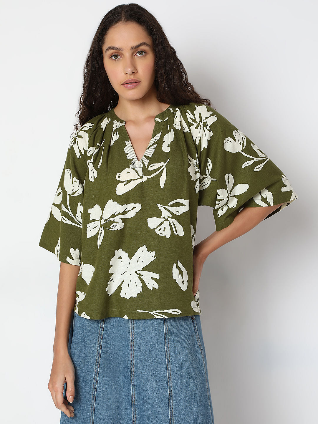 Green Floral Relaxed Sleeves Top