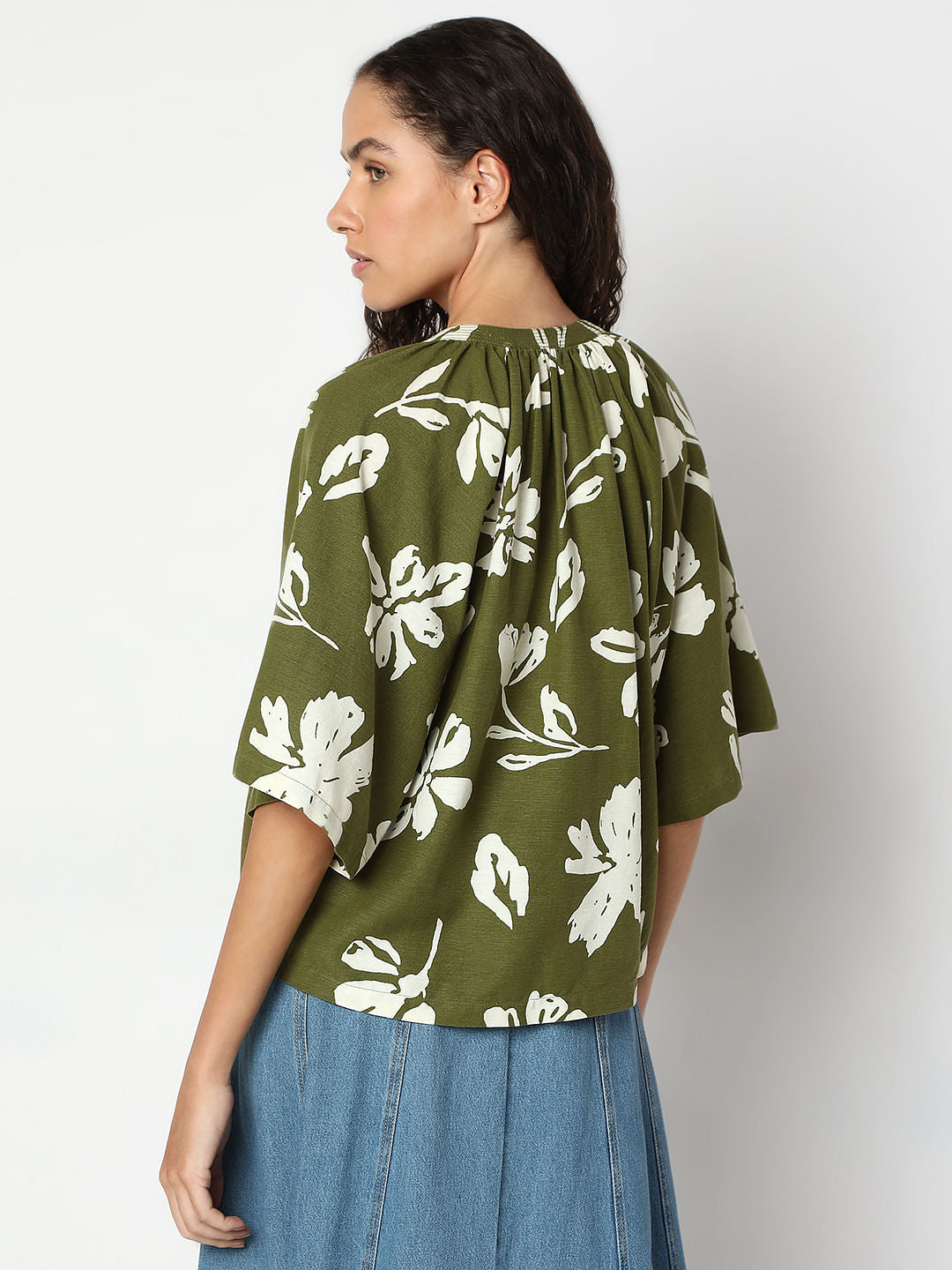 Green Floral Relaxed Sleeves Top