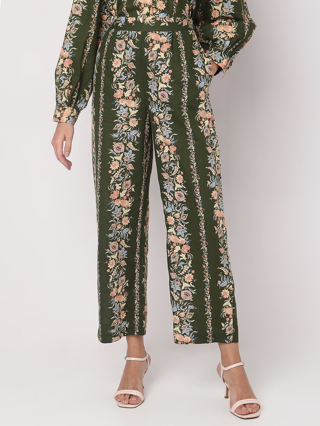 Olive Green Floral Co-Ord Set Pants