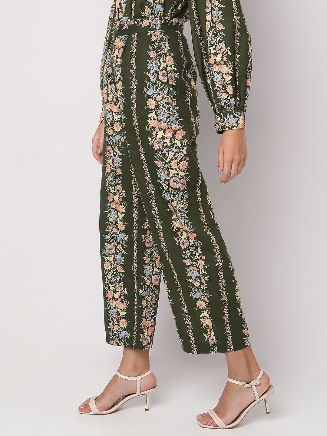 Olive Green Floral Co-Ord Set Pants