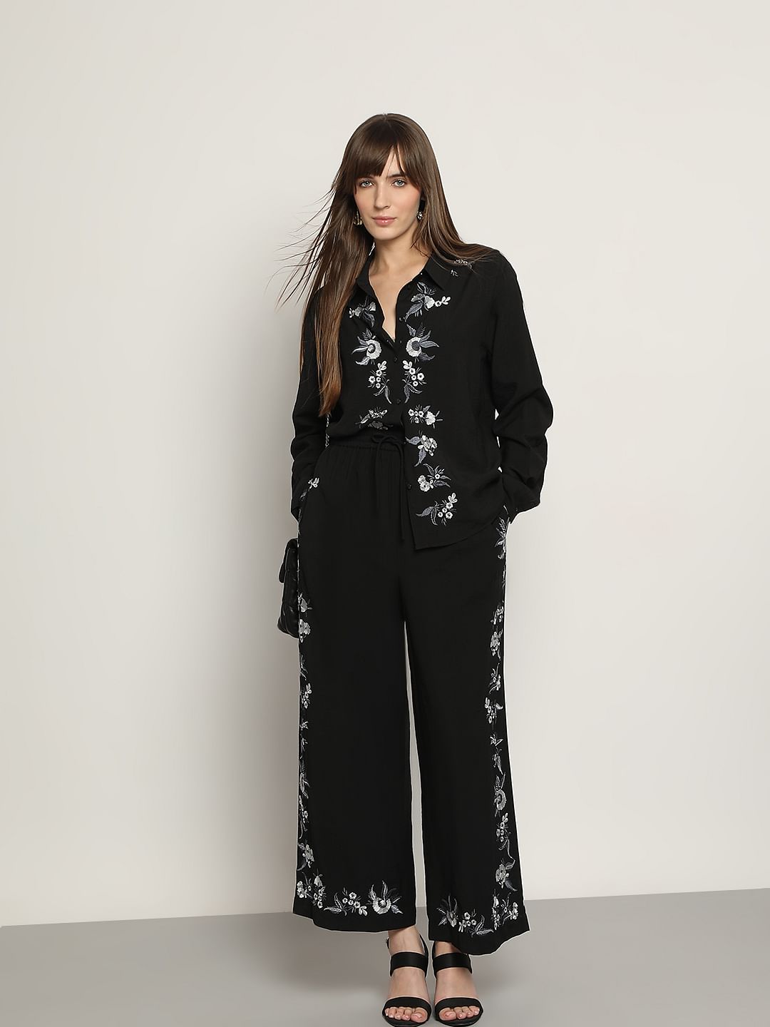 Black Embroidered Co-Ord Set Pants