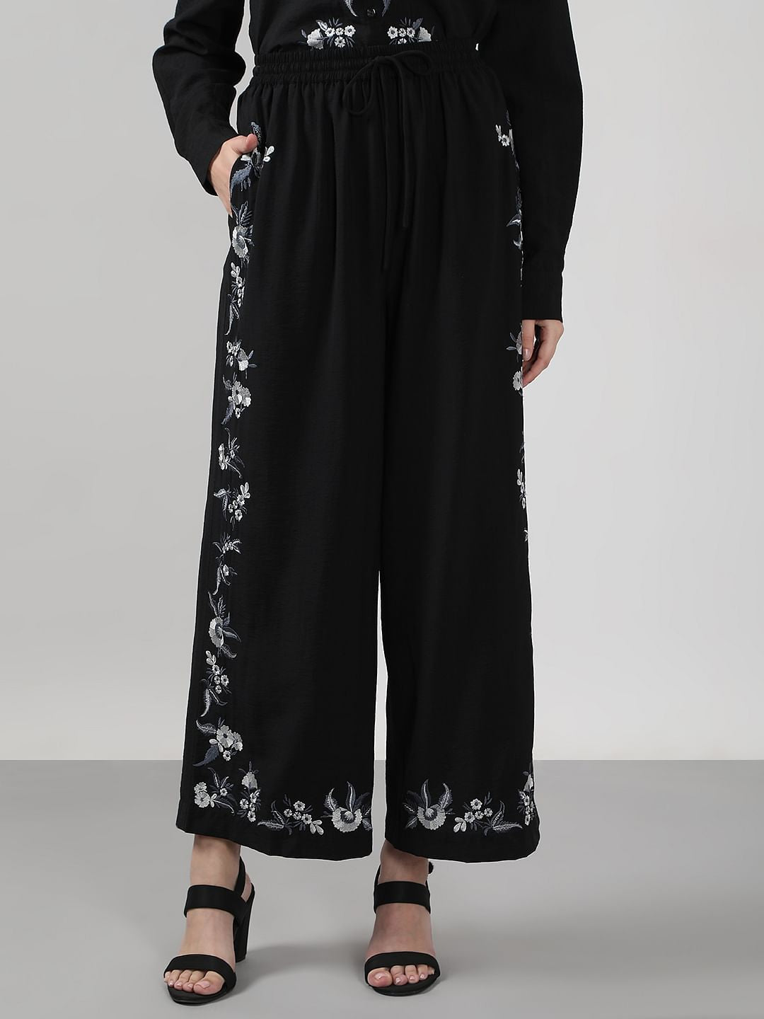 Black Embroidered Co-Ord Set Pants