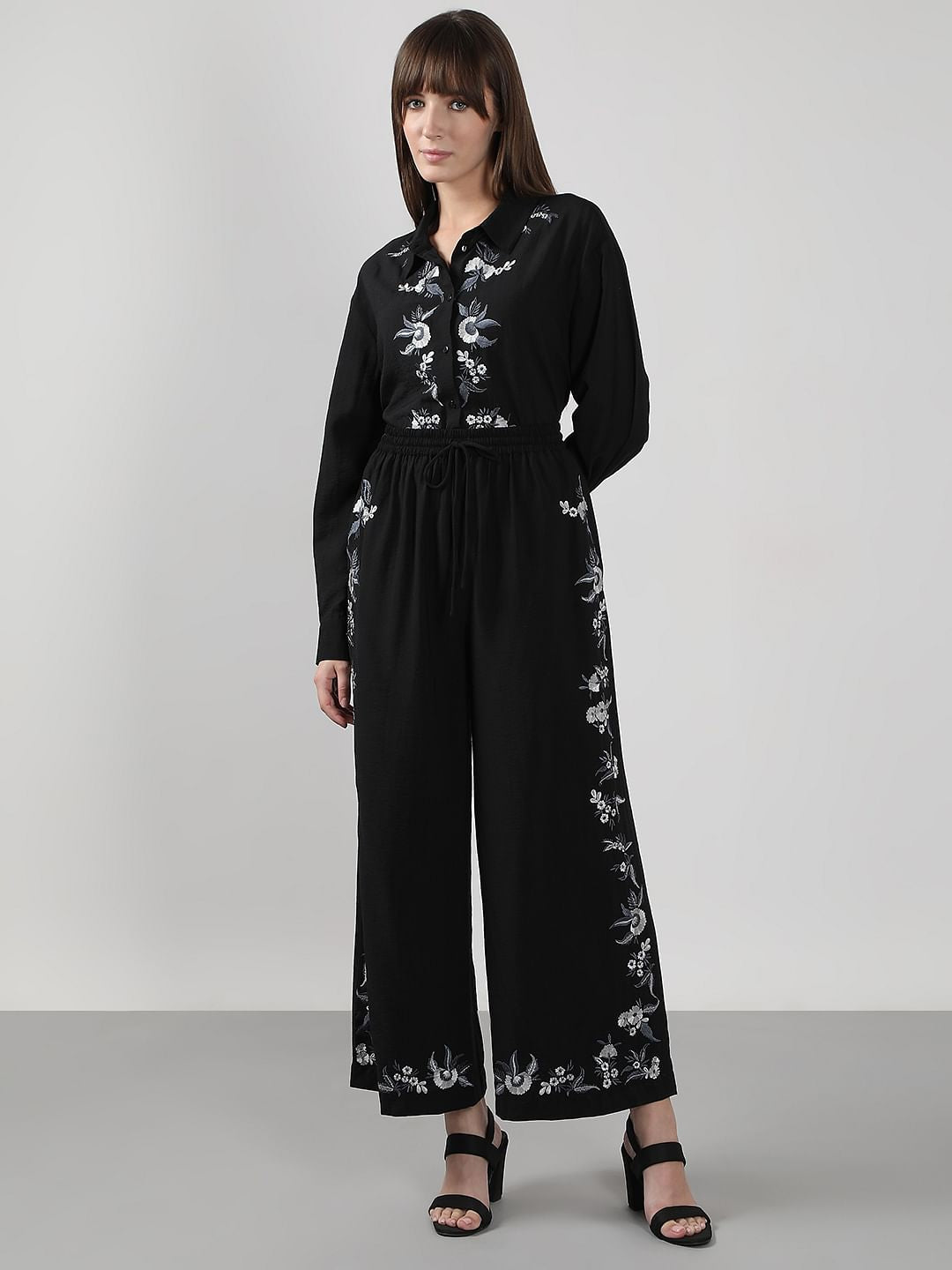 Black Embroidered Co-Ord Set Pants
