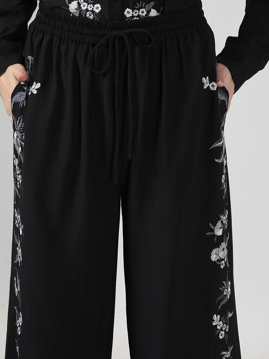 Black Embroidered Co-Ord Set Pants