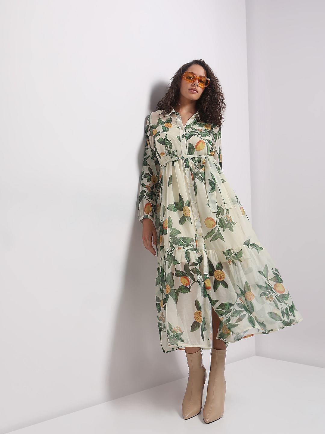 Light Lemon Printed Midi Dress