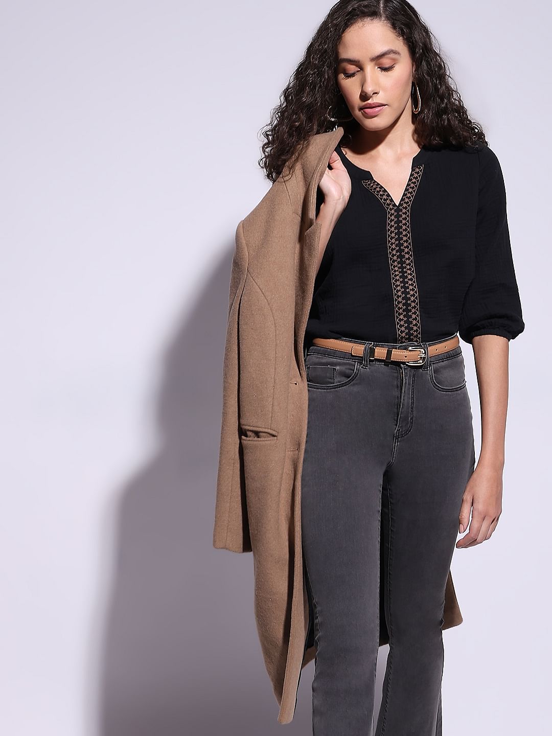 Black Cotton Mandarin Collar Top