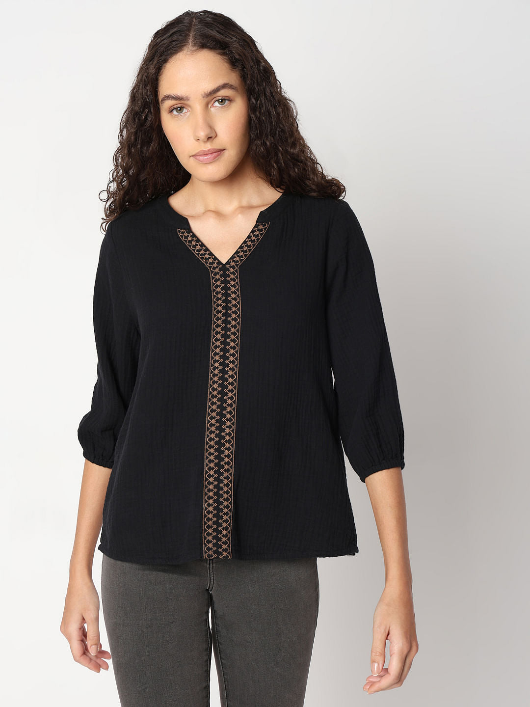 Black Cotton Mandarin Collar Top