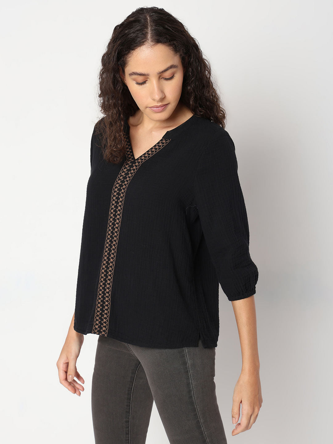 Black Cotton Mandarin Collar Top