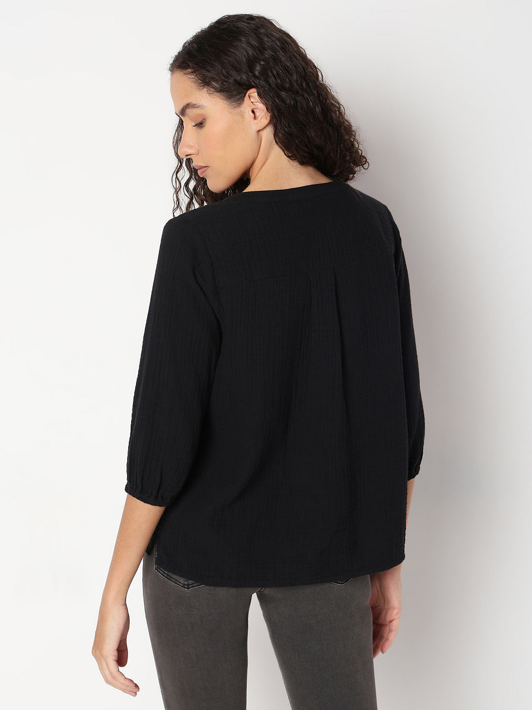 Black Cotton Mandarin Collar Top
